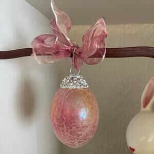 NEW Vintage Glass Egg Ornament Crackle Finish 2-Tone  Pink Orange with Ribbon